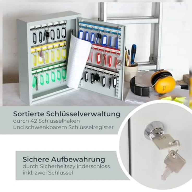 HMF Schlüsselkasten Abschließbarer Schlüsselschrank mit 42 Haken, verstellbare Hakenleisten, 35 x 27 x 8 cm, lichtgrau – Bild 4