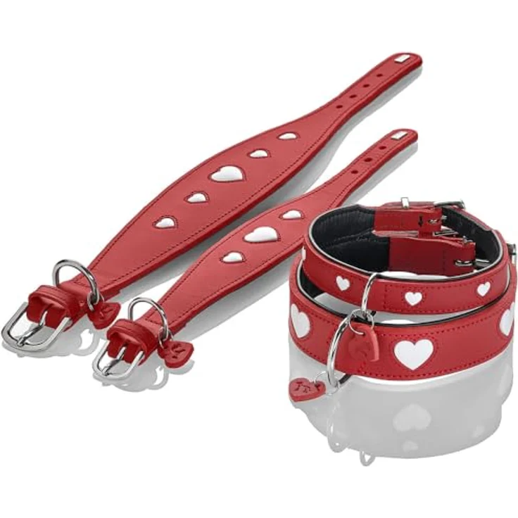 Hunter Windhund Love Halsband 32/XS, Rot/Schwarz, Rindnappaleder mit Polsterung und Herz-Zierelementen, Halsband + Leine – Bild 9