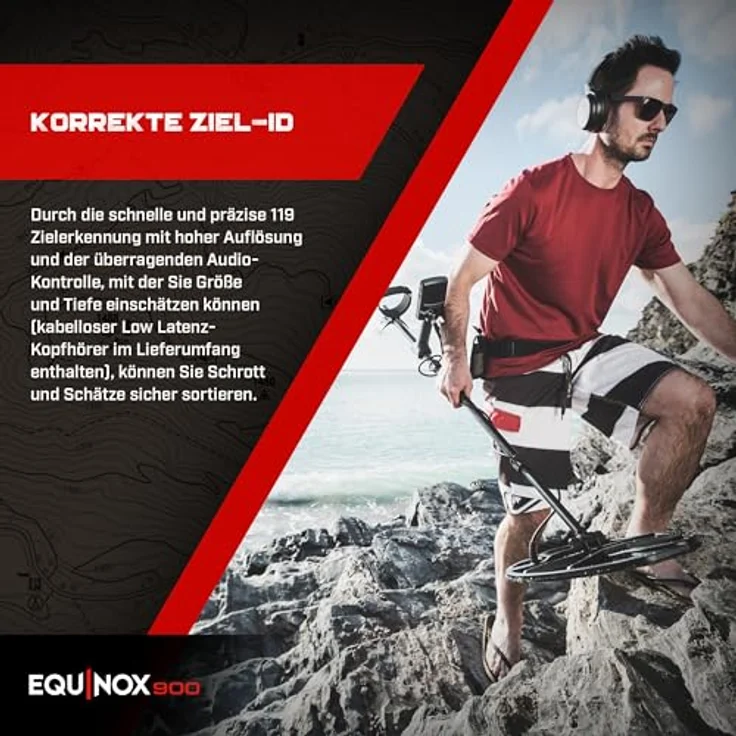 Minelab Equinox 900, Multifrequenz Metalldetektor mit 119-Zielidentifikation, wasserdicht bis 5 m, inkl. Bluetooth-Kopfhörer und 2 Suchspulen – Bild 4