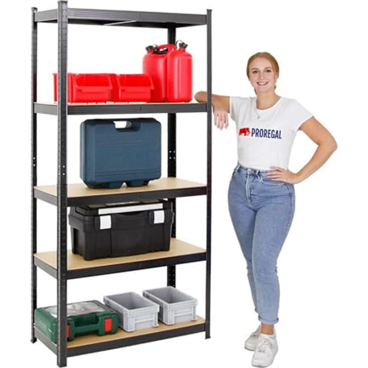 Proregal Schwerlastregal Mega Deal Ragnar, 180 x 90 x 40 cm, Traglast 175 kg pro Boden, 5 höhenverstellbare Böden, Steckmontage, Schwarz – Bild 6