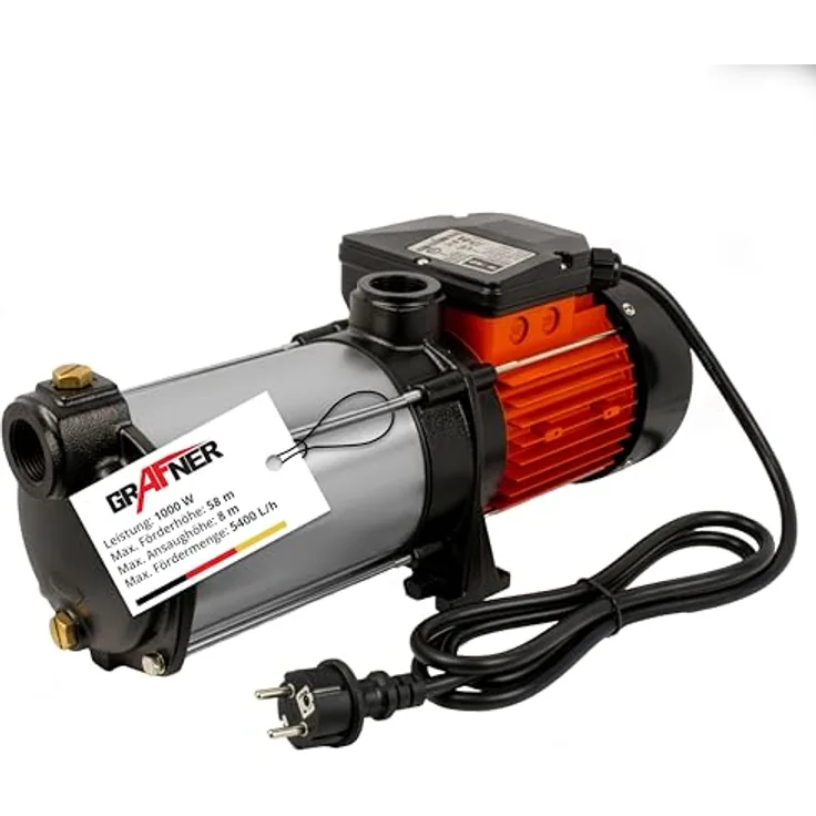 Grafner Premium Kreiselpumpe, mehrstufig, 5400 l/h, 1000 Watt, Edelstahl, Druckpumpe mit 58m Förderhöhe und 8m Ansaughöhe