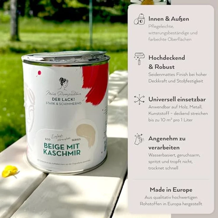 MissPompadour Holzfarbe Weiß mit Weiß, 1L Seidenmatte Möbelfarbe für Innen & Außen, witterungsbeständig, hohe Deckkraft, geruchsarm – Bild 3
