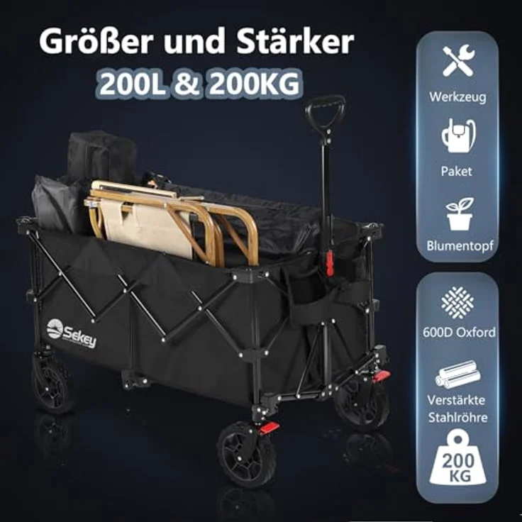 Sekey XXL Plus Bollerwagen Faltbar 200L, 200KG Tragkraft, Geländetauglich mit Bremsen, Patentiertes Klappsystem aus vier Richtungen, Tiefschwarz – Bild 4