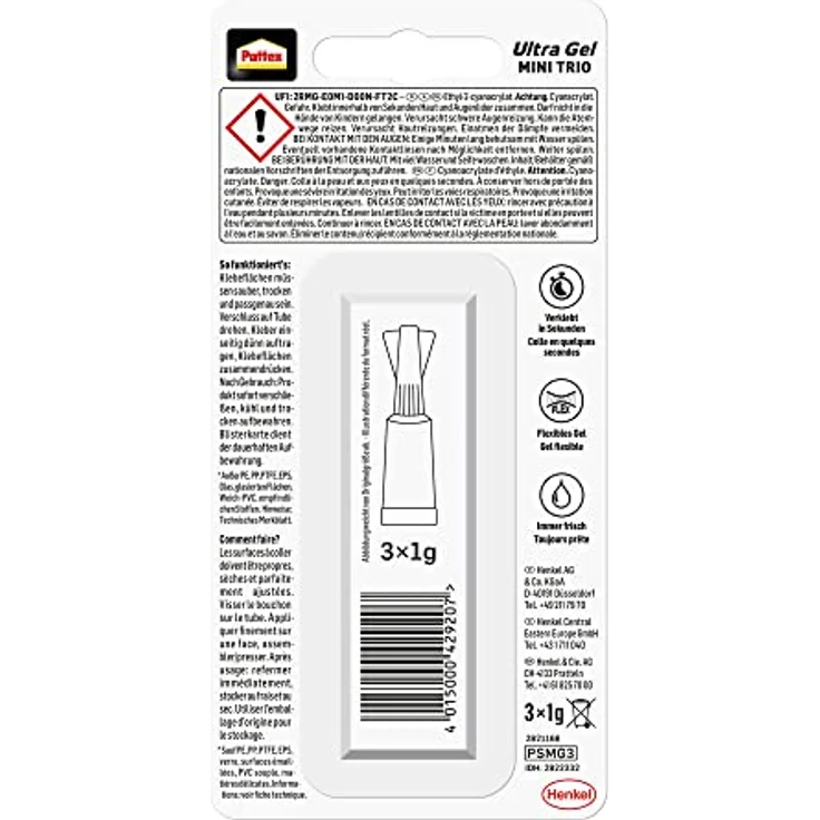 Pattex Sekundenkleber Ultra Gel Mini Trio, extra starker & flexibler Superkleber in 3 Tuben, Sekundenkleber Gel für z. B. Gummi, Leder, Holz, 3 x 1g - Preisvergleich – Bild 2