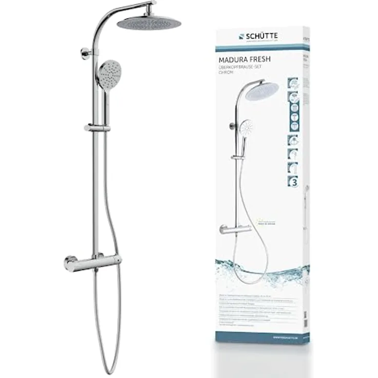 SCHÜTTE MADURA Duschsystem mit Thermostat, Duschset mit großer Regendusche (Ø 24 cm) und verstellbarer Handbrause, Brauseset mit Duschstange, Duschsäule Duschpaneel, Chrom