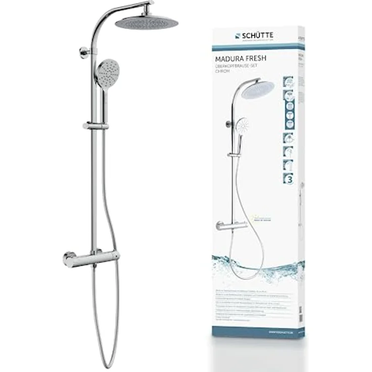 SCHÜTTE MADURA Duschsystem mit Thermostat, Duschset mit großer Regendusche (Ø 24 cm) und verstellbarer Handbrause, Brauseset mit Duschstange, Duschsäule Duschpaneel, Chrom – Bild 1