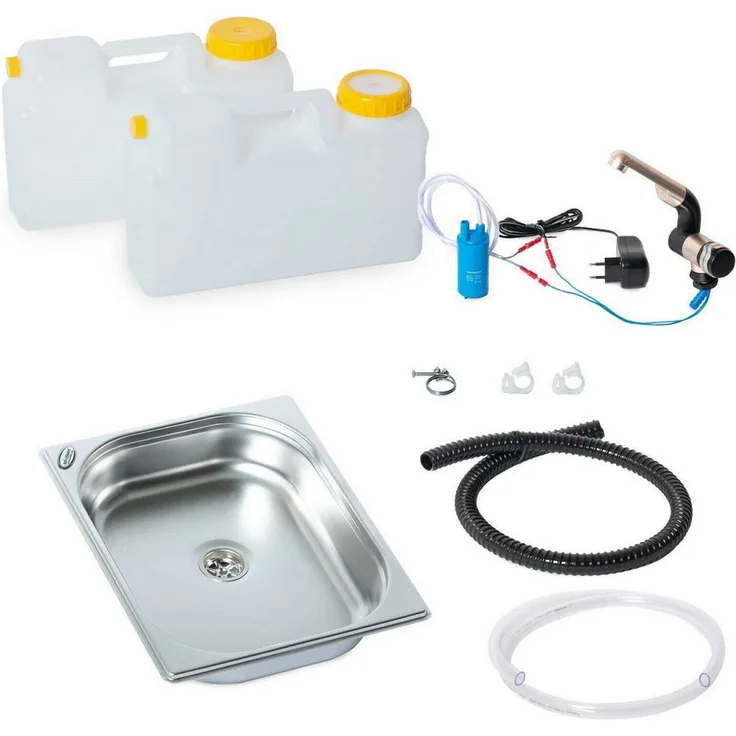 ad-ideen Waschbecken 230V Miniküche Bausatz, Edelstahl mit Automatikwasserhahn, 325x265x65mm für VW T4 T5 T6