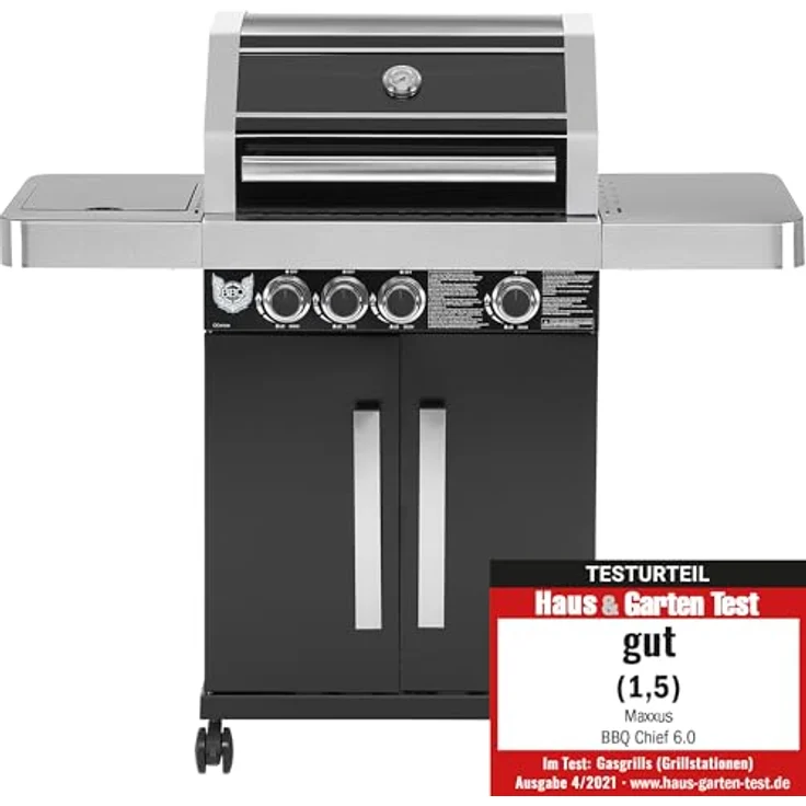 Maxxus Gasgrill BBQ CHIEF 6.0-3 Edelstahl Brenner, Seitenbrenner, 10,5 kW, Gusseisen Grillrost, Deckel, Thermometer, Rollen, Schwarz - Grill, Grillwagen, Grillstation – Bild 3