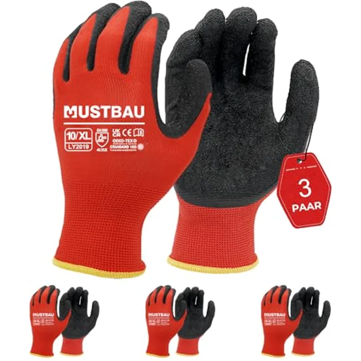 Mustbau 3 Paar Arbeitshandschuhe EN388 Late und Polyester beschichtet, abriebfest und belüftet nahtlos gestrickte Handschuhe Ideal für Gartenarbeit, Mechaniker, Baustellen (Rot,XL)