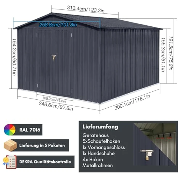 Albatros Profi Gerätehaus XXL, verzinktes Metall in Anthrazit (RAL 7016), 259x313x192cm, 15,5m³, inklusive Schloss & Werkzeughaken, wetterfest – Bild 3
