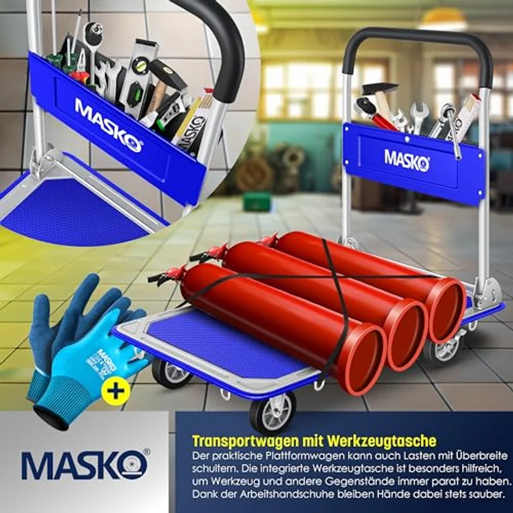 MASKO Transportwagen, Klappbarer Plattformwagen mit robustem Stahlrahmen, 300 kg Tragkraft, inklusive Arbeitshandschuhe – Bild 5