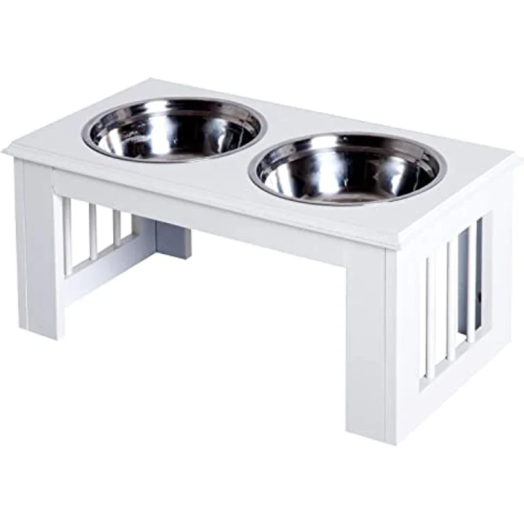 PawHut Erhöhter Hundenapf, Futternapf, Edelstahlnäpfen, Haustier Fressnapf, MDF, Weiß, 58,4 x 30,5 x 25,4 cm – Bild 1