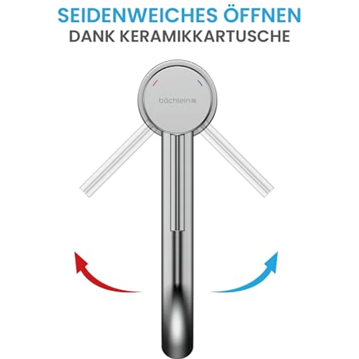 Bächlein Badarmatur Susara hoch mit gebogenem Auslauf, Extra hoher Design Einhebelmischer für Aufsatzwaschbecken mit langlebiger Keramikkartusche und Montage-Set, Bad Wasserhahn Chrom – Bild 3