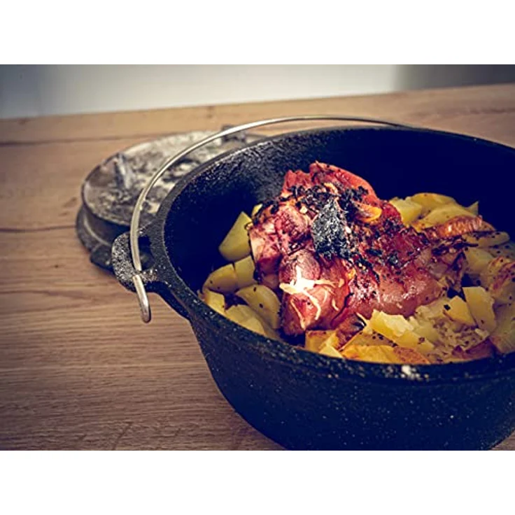 FireRocket Dutch Oven 6qt 5,5L ohne Füße Premium Gusseisen Schmortopf Gusstopf Feuertopf Bräter eingebrannt niederländischer Kochtopf – Bild 6