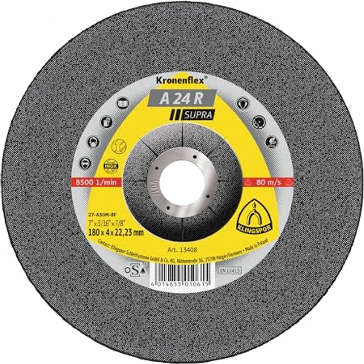 Klingspor Kronenflex 13433 A 24 R Supra Schleifscheibe, 230mm x 6mm x 22,23mm, Max RPM 6.600, vertieftes Zentrum für Stahl, Edelstahl und Guss