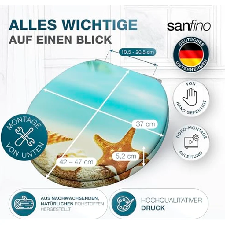Sanfino WC Sitz Seastar Beach, Toilettendeckel aus Holz mit Absenkautomatik, hellblau, 43,5 x 37,5 cm – Bild 6