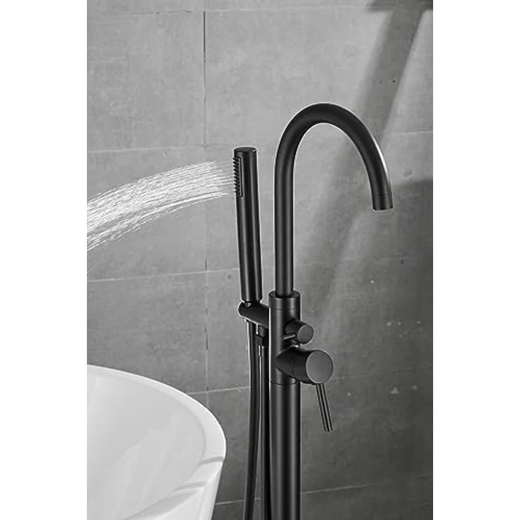 VALAZ Freistehende Badewanne Wasserhahn Ebro-Serie, Einhebelmischer Schwarz Matt, Warm- und Kaltwassermischer, Schnelle Installation, Rundem Schwanenhals – Bild 4