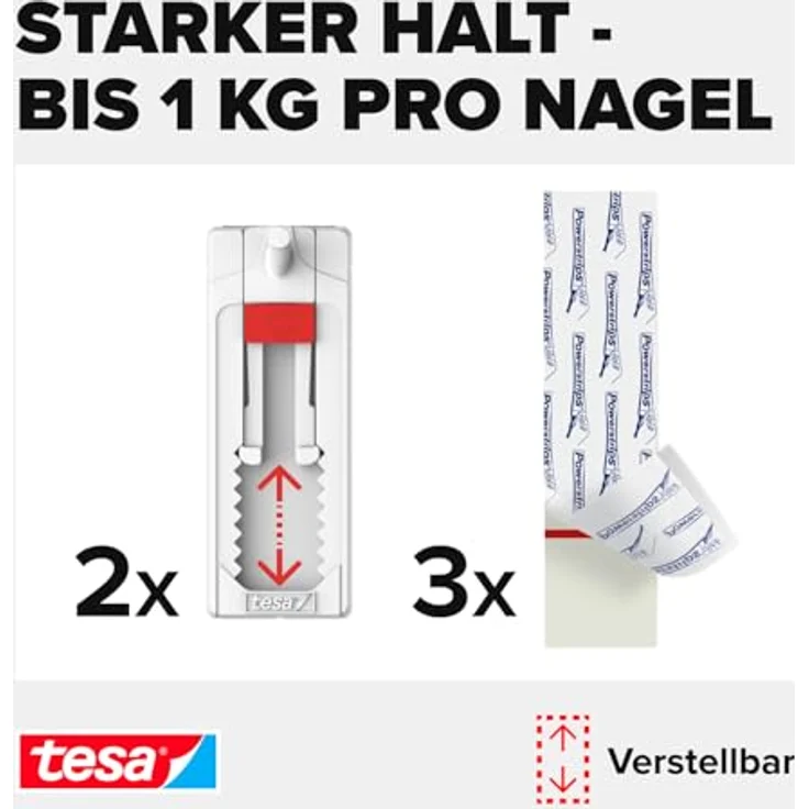 tesa Verstellbarer Klebenagel für Tapeten und Putz - Selbstklebender Nagel von tesa Powerstrips - 2 x 1 kg Halteleistung - Preisvergleich – Bild 3