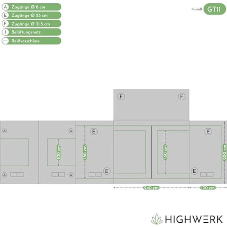 HIGHWERK Growzelt "MyHomeGrow" 240 x 120 x 200 cm, graues Indoor Zuchtzelt mit 99,9% Lichtundurchlässigkeit und 95% Lichtreflektion – Bild 2