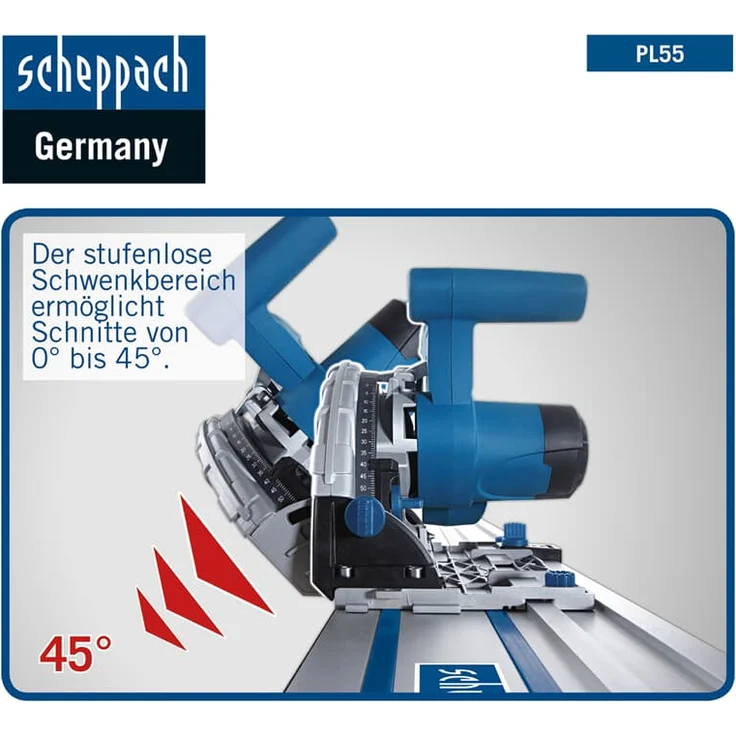 Scheppach Tauchsäge PL55 + 2x700mm Führungsschiene Tauch-Kreissäge Handkreissäge | 1200W Leistung | Schnitttiefe 55mm | Sägeblatt Ø160mm 24 Zähne | Schrägstellung mit Kippschutz für 0 bis 45° Schnitte – Bild 7