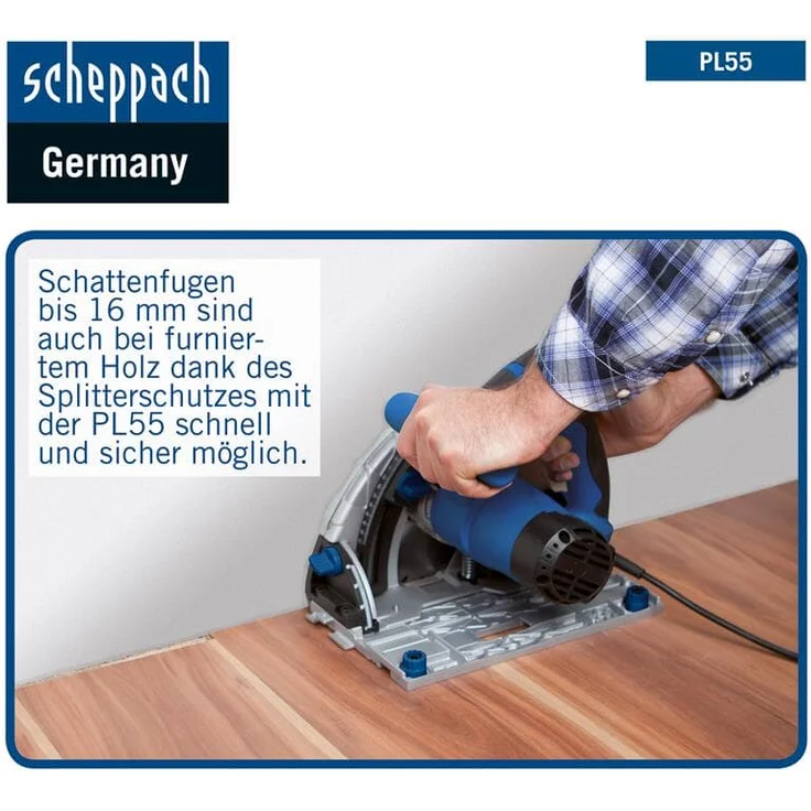 Scheppach Tauchsäge PL55 + 2x700mm Führungsschiene Tauch-Kreissäge Handkreissäge | 1200W Leistung | Schnitttiefe 55mm | Sägeblatt Ø160mm 24 Zähne | Schrägstellung mit Kippschutz für 0 bis 45° Schnitte – Bild 6