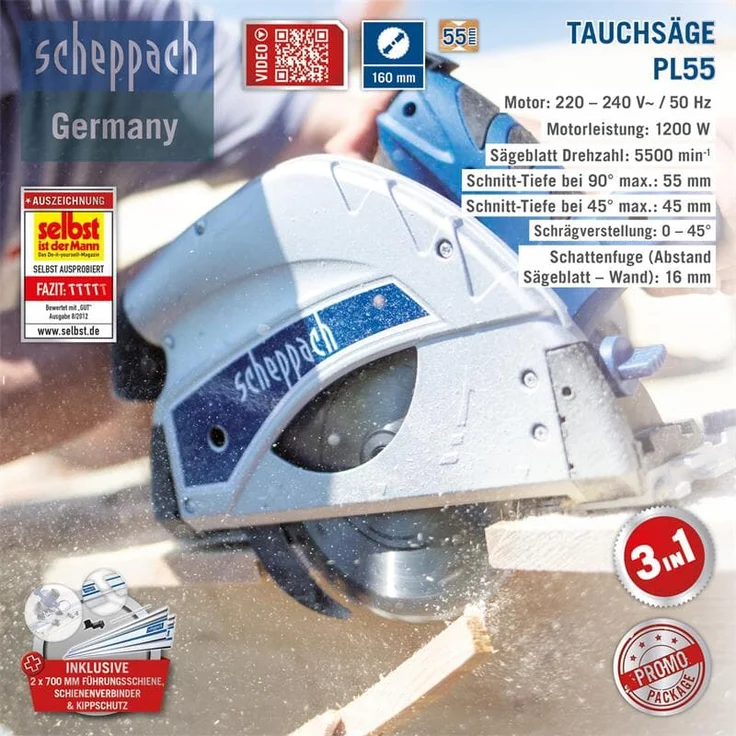 Scheppach Tauchsäge PL55 + 2x700mm Führungsschiene Tauch-Kreissäge Handkreissäge | 1200W Leistung | Schnitttiefe 55mm | Sägeblatt Ø160mm 24 Zähne | Schrägstellung mit Kippschutz für 0 bis 45° Schnitte – Bild 8