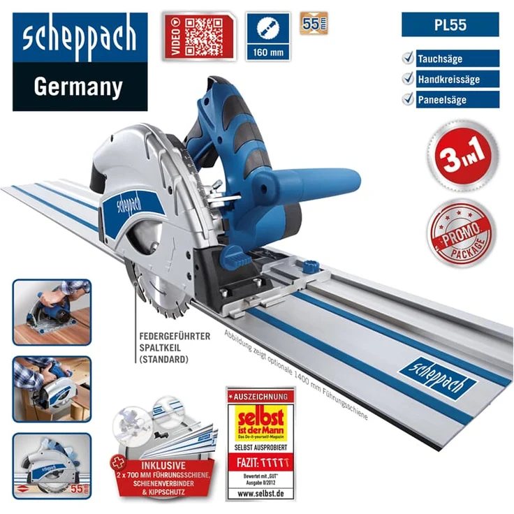 Scheppach Tauchsäge PL55 + 2x700mm Führungsschiene Tauch-Kreissäge Handkreissäge | 1200W Leistung | Schnitttiefe 55mm | Sägeblatt Ø160mm 24 Zähne | Schrägstellung mit Kippschutz für 0 bis 45° Schnitte – Bild 3