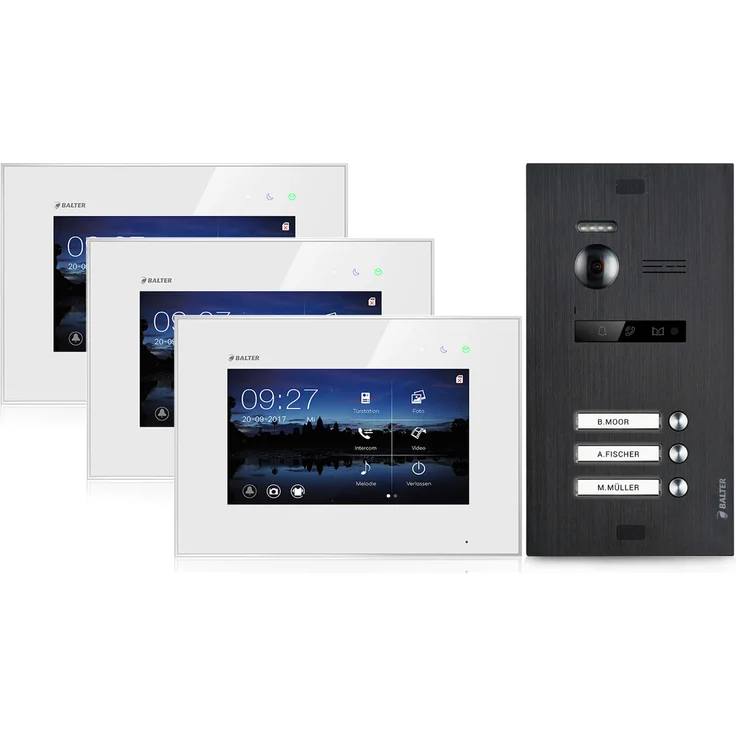 Video Türsprechanlage für 3 Familienhaus, 3x Monitore, Balter EVO Schwarz – Bild 1