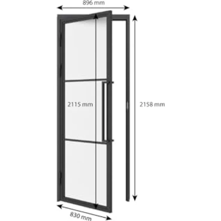 inova Glastür satiniert Komplettset 830x2115mm DIN links, Drehtür mit Griffstange und schwarzem Stahl-Beschlag, kratz- und stoßbeständig – Bild 2