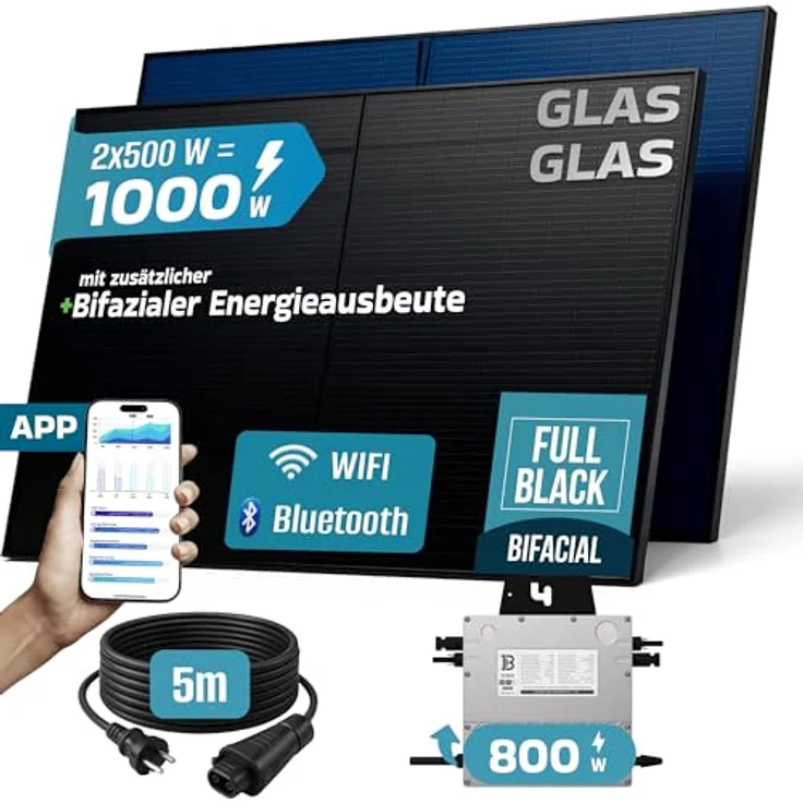 SUNNIVA 1000W Balkonkraftwerk BIFAZIAL FULLBLACK, Glas-Glas Solarmodule, 800W Wechselrichter, inkl. 5m Kabel und WIFI, Komplettset – Bild 2