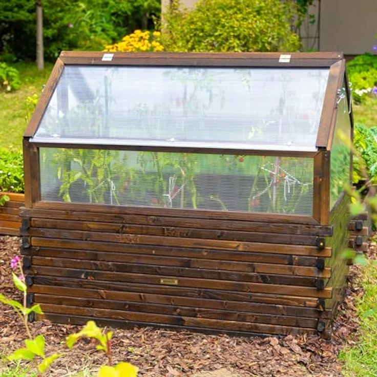 Greenspot Garten-Frühbeet Timber, 120 x 80 x 60 cm, Mini-Gewächshaus aus dunklem Palisander mit öffnender Abdeckung, ideal für Kräuter, Gemüse und Blumen – Bild 8