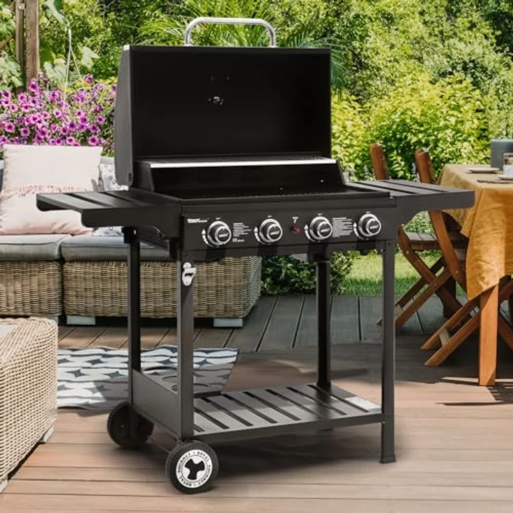 Royal Gourmet 4 Brenner Gas Grillwagen, 12 kW BBQ-Gasgrill mit Seitenablagen und Flascheregal, Schwarz – Bild 2