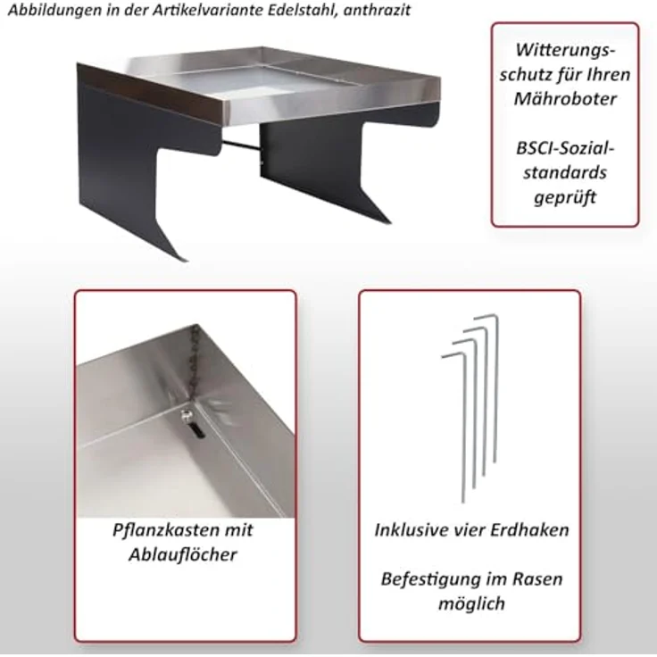 Proregal Mähroboter-Garage XL mit Pflanzkasten, Edelstahl anthrazit, wetterfest, L x B x H: 100 x 70 x 47 cm – Bild 9