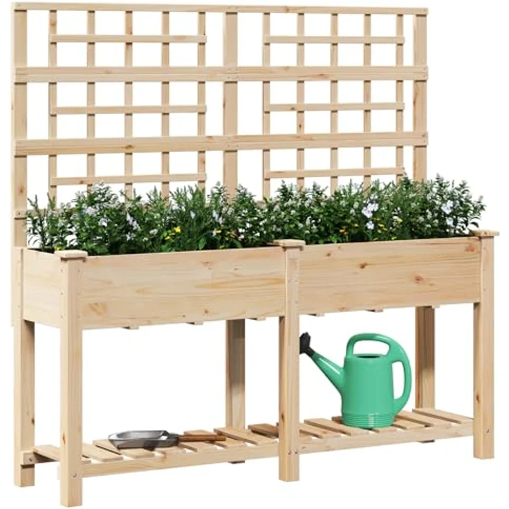 vidaXL Hochbeet Pflanzkasten aus massivem Kiefernholz mit Spalier und Regal, natürliche Holzfarbe, 161x43x15 cm – Bild 3