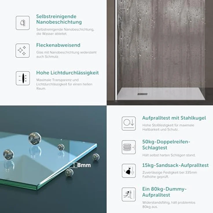 doporro Walk-in-Dusche Duschwand für Dusche Duschkabine Duschabtrennung 10mm ESG NANO, Einscheibensicherheitsglas, rechteckig, Klarglas, Edelstahl Stabilisatoren, variabler Wandabstand 70-120 cm – Bild 3