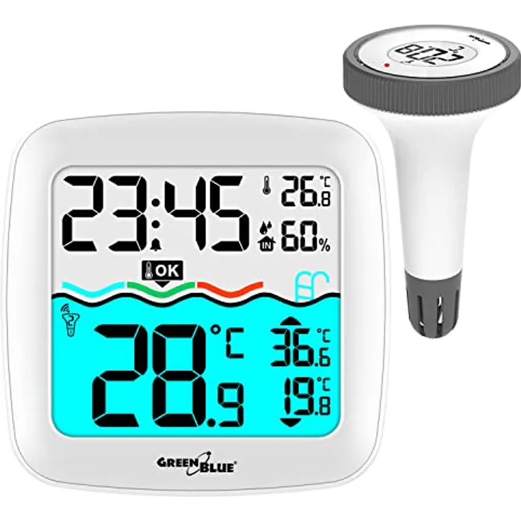 Greenblue GB216 Poolthermometer mit Wetterstation, DCF, kabelloser Wassertemperatursensor, Weiss, Grau