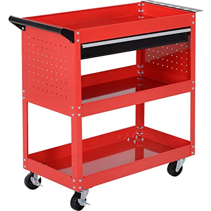 HOMCOM Werkzeugwagen Werkstatt-Rollwagen, 3 Ebenen, max. Traglast 60 kg, schwarz-rot, 82 x 35 x 76 cm – Bild 1