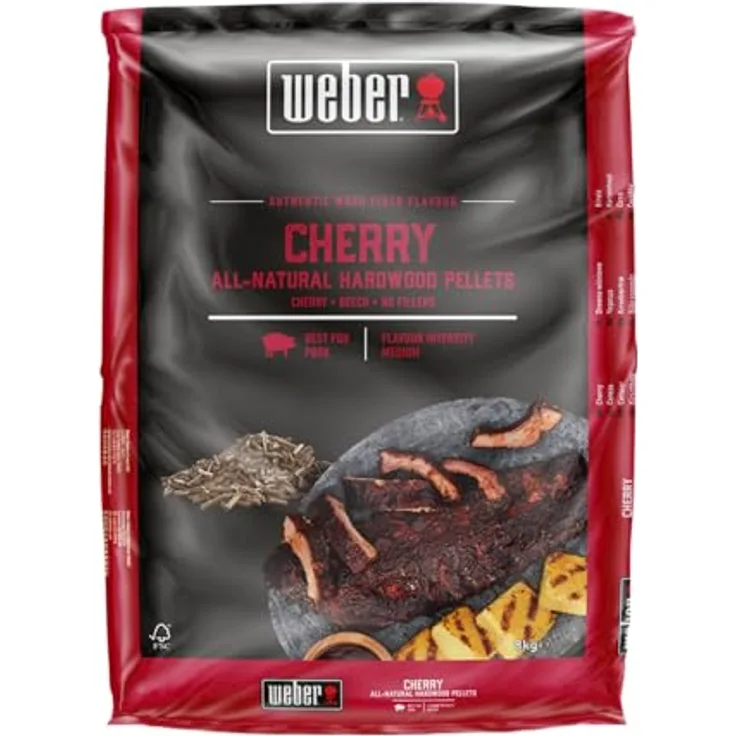 Weber Holzpellets - Kirschholz (8kg), natürliche Pellets für fruchtiges Räucheraroma, perfekt für Schwein und Geflügel, passend für alle Pellet Grills