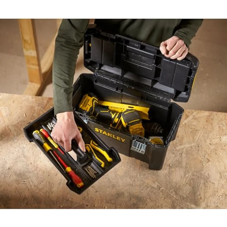 Stanley Werkzeugbox - Werkzeugkasten (19'', 48.2x25.4x25cm, Beladung bis zu 8kg, Werkzeugkoffer mit Metallschließen, Organizer mit entnehmbarer Trage, robuster Koffer aus Kunststoff) STST1-75521 – Bild 4