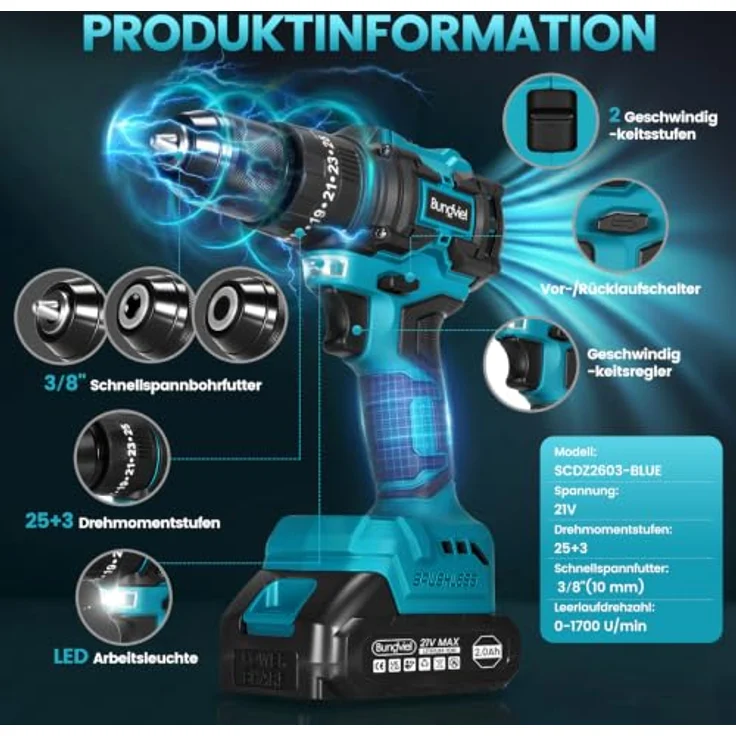 Bundviel Akku-Schlagbohrschrauber Set, 21V bürstenloser Motor mit 65 Nm, 2x 2000mAh Akkus, 25+3 Drehmomentstufen, 10-mm Schnellspannbohrfutter, 29-teiliges Zubehör – Bild 2