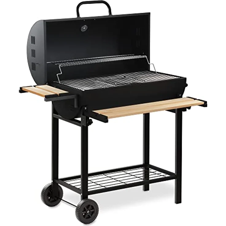 BBQ-Toro Holzkohle Grillwagen mit Deckel | Ø 80 x (L) 42 cm | Premium Holzkohlegrillwagen fahrbar, inkl. Thermometer, Warmhalterost, Holz Ablagen | Smoker, Holzkohlegrill, Barbecue Grill (BBQ13) – Bild 5
