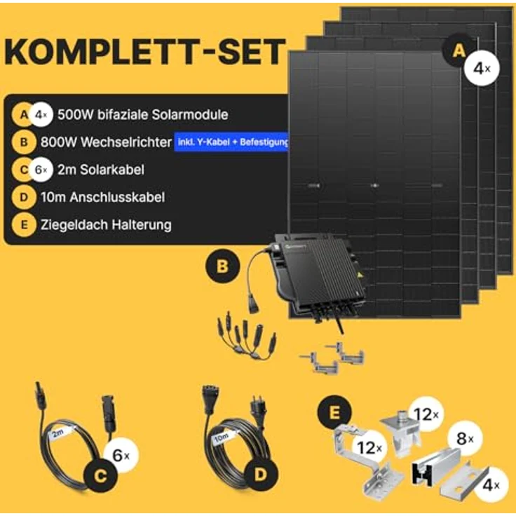 Solakon Balkonkraftwerk 2000W, Photovoltaik Komplettset mit Ziegeldach Halterung, 800W modulares System, steckerfertig, Kabellänge 10m – Bild 4