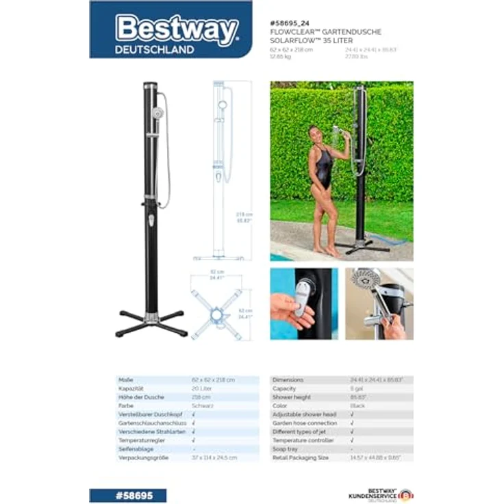 BESTWAY Gartendusche Solarflow 20 Liter, anthrazit, mit verstellbarem Duschkopf und Temperaturregler – Bild 12