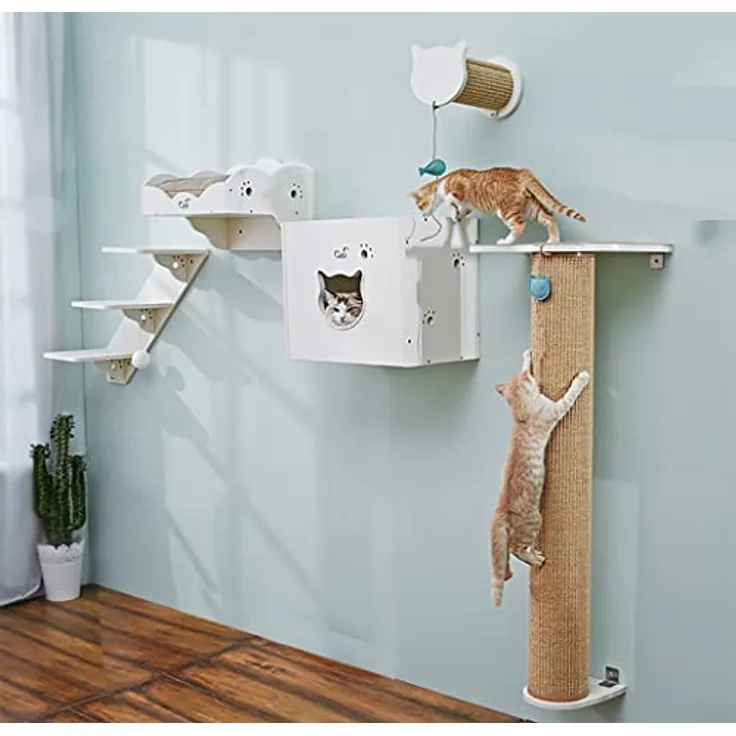CatS Design Katzen Kletterwand Set XXL große Katzen stabil-Wandkratzbaum-Wandliege-Wandbett kletterstufen- Wandhöhle-Wand Kratzsäule-Wandelemente-5 Teilig Holz Wandpark T2