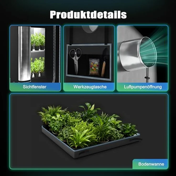 NovaGrove Growzelt 60x60x180cm, Growbox mit 1680D robuster Außenschicht, hochreflektierender Diamant-Aluminium-Innenbeschichtung, schwarz – Bild 6