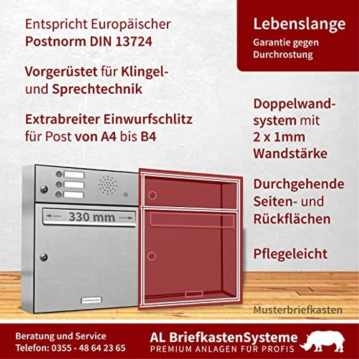 1er V2A Edelstahl Briefkastenanlage für Aufputz - Wandmontage 2 Klingel Ausführung 4 – Bild 2