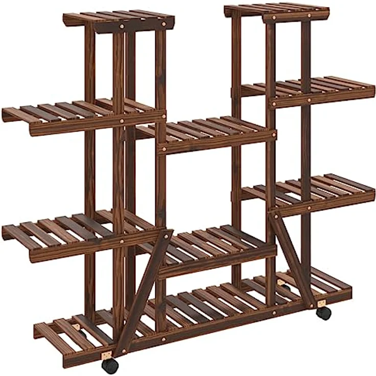vidaXL Blumenständer, Pflanzständer mit Rollen 110x25x115 cm Massivholz Tanne, karbonisiertes Braun – Bild 1