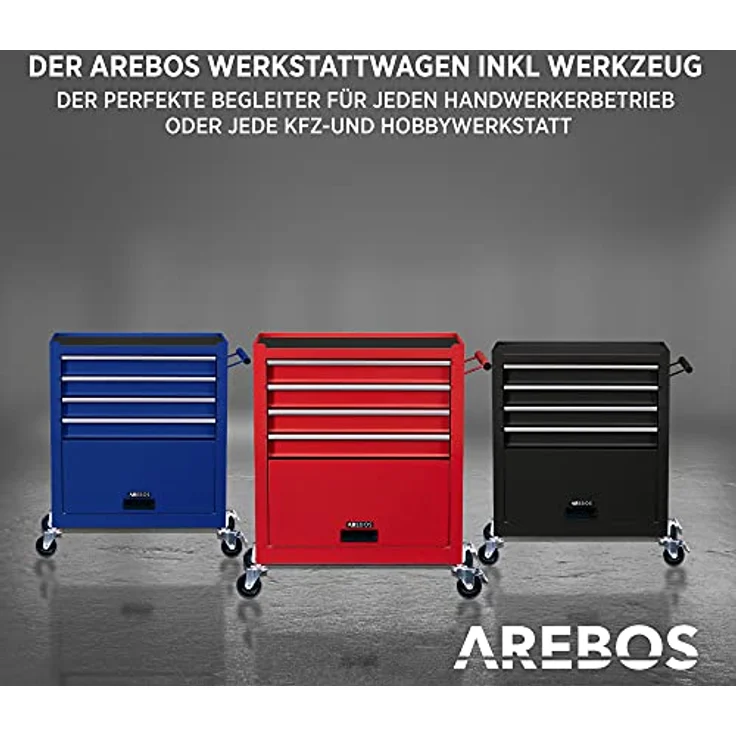 Arebos Werkstattwagen Rollwagen Werkzeugkiste Toolbox, mit Werkzeug, 81-tlg. Werkzeugset, (Komplett-Set) - Robuster Stahl, 4 Schubladen inkl. Werkzeuge, Antirutschmatten, kugelgelagerte Schubladen – Bild 4