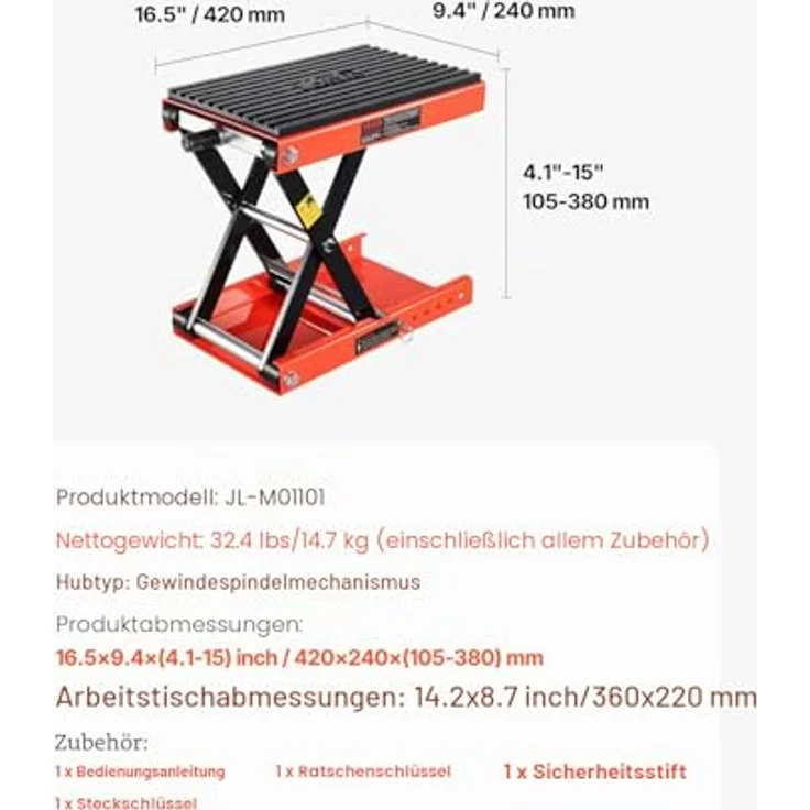 VEVOR Motorradheber, höhenverstellbare Motorradhebebühne 105-380 mm, 544 kg Tragkraft, breite Plattform mit rutschfester Deckfläche und integrierter Vorderradklemme – Bild 7