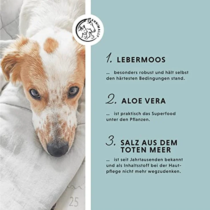 Annimally Tier Haut-Pflege-Spray trockene Haut für Hund, Pferd & Kleintiere bei trockener Haut I Spray mit Lebermoos, Aloe Vera, Totes-Meer-Salz, Teebaumöl & Manuka Öl - 100% natürlich – Bild 3